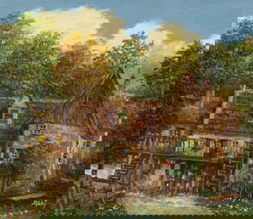 M Schony (German,1913-?) oil painting: ARTIST: M Schony (Germany, 1913 - ???) TITLE: Autumn Village Landscape MEDIUM: oil on canvas CONDITION: Unstretched (In-House stretching available). Few minor paint losses. No visible inpaint under