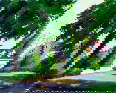 George Holloway (NJ,20C) oil painting: ARTIST: George Holloway (New Jersey, 20 century) TITLE: Town Scene MEDIUM: oil on canvas board CONDITION: Few minor scratches by the lower edge. No visible inpaint under UV light. ART SIZE: 16 x 20