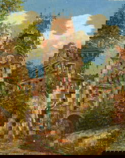 M Schony (German,1913-?) oil painting: ARTIST: M Schony (Germany, 1913 - ???) TITLE: European Cityscape MEDIUM: oil on canvas CONDITION: Unstretched (In-House stretching available). Some small paint losses. No visible inpaint under UV