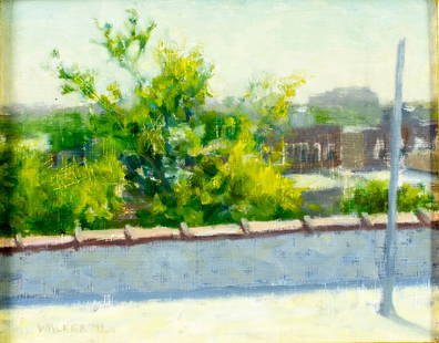 Walker (US,20/21C) oil painting: ARTIST: Walker (American, 20/21 centuries) TITLE: Cityscape YEAR: 1999 MEDIUM: oil on board CONDITION: Very good. No visible inpaint under UV light. ART SIZE: 8 x 10 inches / 20 x 25 cm FRAME SIZE: