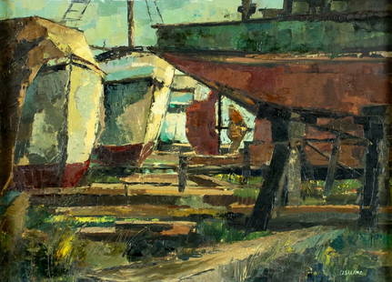 Joseph Casalane (US,20C) oil painting: ARTIST: Joseph Casalane (American, 20 century) TITLE: Wilmington Boatyard YEAR: 1965 MEDIUM: oil on board CONDITION: Few very minor paint losses. No visi