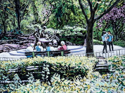 Evelyn Metzger (NY,Brazil,1911-2007) oil painting: ARTIST: Evelyn Borchard Metzger (New York, Brazilian, 1911 - 2007) TITLE: Central Park Scene, NY YEAR: 1999 MEDIUM: oil on board CONDITION: Few minor paint losses. No visible inpaint under UV light.