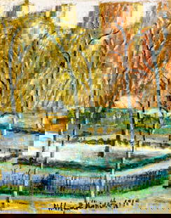 Hildegarde Hamilton (FL,VA,1898-1970) oil painting: ARTIST: Hildegarde Hume Hamilton (Florida, Virginia, 1898 - 1970) TITLE: Winter Park Cityscape YEAR: 1969 MEDIUM: oil on canvas CONDITION: Missing a few flakes of paint. Minor craquelure. No