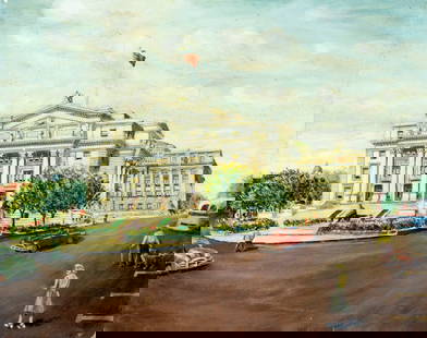 Vintage mid 20C American oil painting: ARTIST: - (American, mid 20 century) TITLE: Courthouse, Newark, NJ MEDIUM: oil on board CONDITION: Some paint losses mostly along edges. Very minor craquelure. No visible
