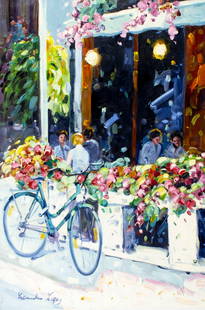 Lisandro Baylon (Argentina,US,1951-?) oil painting: ARTIST: Lisandro Lopez Baylon (Argentinian, American, 1951 - ???) TITLE: Outdoor Cafe Scene MEDIUM: oil on canvas CONDITION: Unstretched (In-House stretching available). Few minor paint losses. No