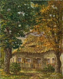 M Schony (German,1913-?) oil painting: ARTIST: M Schony (Germany, 1913 - ???) TITLE: Burgenland Village Landscape, Austria MEDIUM: oil on canvas CONDITION: Unstretched (In-House stretching available). Overall g