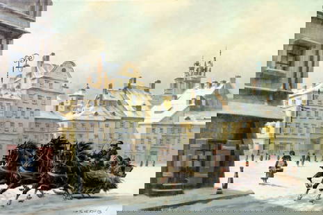 Georges Csapo (Hungary,1910-?) oil painting: ARTIST: Georges Csapo (Hungarian, 1910 - ???) TITLE: Winter Cityscape with Troika MEDIUM: oil on canvas CONDITION: Unstretched (In-House stretching available). Few small p