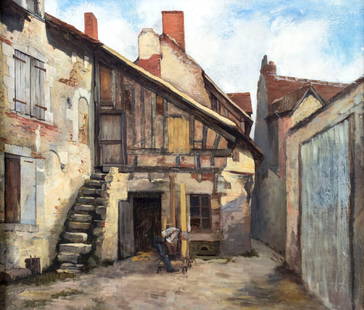 Antique early 20C French oil painting: ARTIST: - (French, early 20 century) TITLE: Town Scene MEDIUM: oil on canvas CONDITION: Missing a few flakes of paint. Minor craquelure. No visible inpaint under UV light.