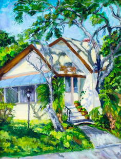 Ferolynn Robertson (FL,20C) oil painting: ARTIST: Ferolynn Robertson (Florida, 20 century) NAME: Cottage Scene MEDIUM: oil on canvas CONDITION: Very good. No visible inpaint under UV light. SIGHT SIZE: 20 x 16 inches / 50 x 40 cm FRAME SIZE:
