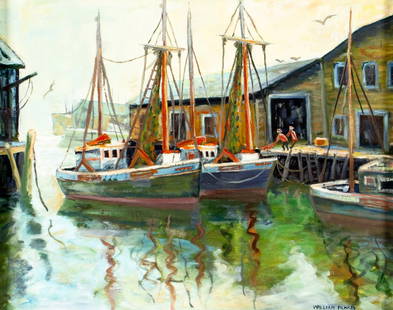 William Menkes (MA,20C) oil painting: ARTIST: William Menkes (Massachusetts, 20 century) TITLE: Harbor Scene MEDIUM: oil on canvas board CONDITION: Very good. No visible inpaint under UV light. Wear to frame.