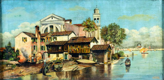 W B Wild (US,early 20C) oil painting antique: ARTIST: W B Wild (American, early 20 century) TITLE: Venetian Canal Cityscape, Italy MEDIUM: oil on canvas CONDITION: Three patches. Few small scratches/paint losses. Some c
