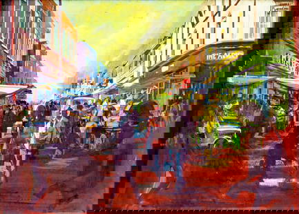 J R Lambert (UK,20C) gouache painting: ARTIST: J R Lambert (United Kingdom, 20 century) TITLE: Cityscape - Chapel St. Market, London, UK MEDIUM: gouache on board CONDITION: Minor paint losses mostly by the upper egde. Framed under glass.
