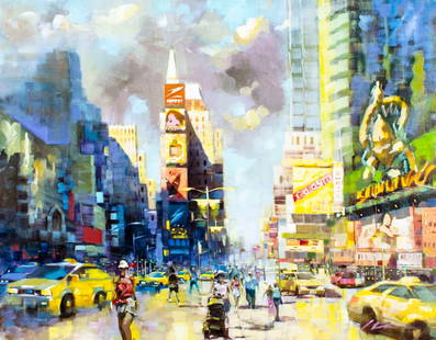 Jian Wu (China,CA,1942-?) oil painting: ARTIST: Jian Wu (Chinese, California, 1942 - ???) TITLE: Summer in Times Square MEDIUM: oil on canvas CONDITION: Few minor paint losses. No visible inpaint under UV light
