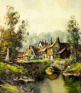 Th Kortten (German,20C) oil painting: ARTIST: Th Kortten (Germany, 20 century) TITLE: Village Landscape MEDIUM: oil on canvas CONDITION: Unstretched (In-House stretching available). Minor paint losses. Some craq
