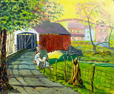 Floyd Hackman (PA,20C) oil painting: ARTIST: Floyd Hackman (Pennsylvania, 20 century) TITLE: Town Scene MEDIUM: oil on board CONDITION: Minor damages to edges and corners. Some small paint losses. No visible inpaint under UV light. ART