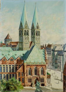 J Merkel (Europe,mid 20C) oil painting antique: ARTIST: J Merkel (European, mid 20 century) TITLE: Cityscape with Cathedral YEAR: 1947 MEDIUM: oil on canvas CONDITION: Missing a few flakes of paint. Minor craquelure. No visible inpaint under UV