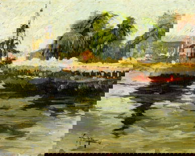 Alfredo Giglioni (Argentina,1909-1987) oil painting: ARTIST: Alfredo Romulo Silvio Giglioni (Argentinian, 1909 - 1987) TITLE: Harbor Scene YEAR: 1961 MEDIUM: oil on board CONDITION: Some small damages to