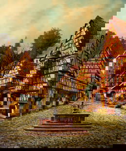 Peter Samberger (Austria,Germany,1929-?) oil painting: ARTIST: Peter Samberger (Austrian, German, 1929 - ???) TITLE: Miltenberg Cityscape, Germany MEDIUM: oil on canvas CONDITION: Unstretched (In-House stretching available). Few minor paint losses. No