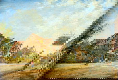 Marshall (UK,early 20C) oil painting antique: ARTIST: Marshall (British, early 20 century) TITLE: Town Scene MEDIUM: oil on canvas. Canvas applied to board. CONDITION: Minor paint losses. Minor stable craquelure. Some small scattered