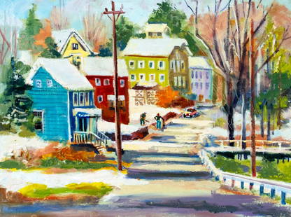 John Reilly (NY,NJ,1942-2021) oil painting: ARTIST: John Reilly (New York, New Jersey, 1942 - 2021) TITLE: Winter Cityscape MEDIUM: oil on board CONDITION: Few minor paint losses. No visible inpaint under UV light. Normal wear along edges.