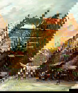 H J Topman (Dutch,1907-?) oil painting: ARTIST: H J Topman (Netherlands, 1907 - ???) TITLE: Dutch Cityscape MEDIUM: oil on canvas CONDITION: Unstretched (In-House stretching available). Few minor paint losses. N
