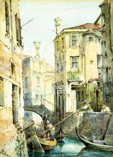 Bateman (Europe,early 20C) watercolor painting antique: ARTIST: Bateman (European, early 20 century) TITLE: Canal Cityscape MEDIUM: watercolor on paper CONDITION: Minor age toning. Framed under glass. Wear to frame. AR