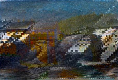 Flores Scheel (Austria,1864-1936) oil painting antique: ARTIST: Flores Scheel (Austrian, 1864 - 1936) TITLE: Night Cityscape YEAR: 1919 MEDIUM: oil on canvas CONDITION: Few minor scratches/paint losses. Some