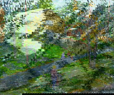 June Krasner (NJ,1905-1991) oil painting: ARTIST: June Krasner (New Jersey, 1905 - 1991) TITLE: Village Street Scene MEDIUM: oil on board CONDITION: Some scratches/paint losses. Some flaking. No visible inpaint under UV light. ART SIZE: