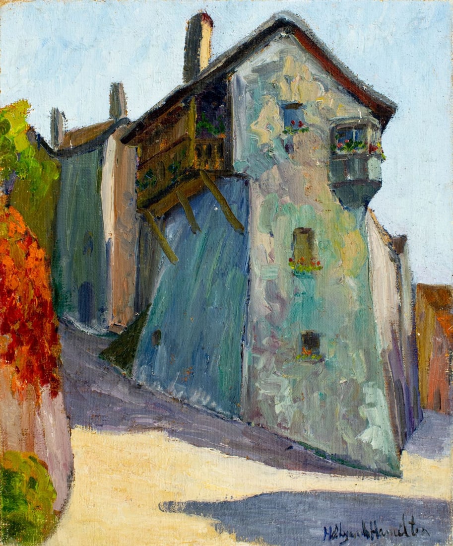 Hildegarde Hamilton (FL,VA,1898-1970) oil painting: ARTIST: Hildegarde Hume Hamilton (Florida, Virginia, 1898 - 1970) TITLE: Austrain Cityscape MEDIUM: oil on canvas CONDITION: Minor paint losses. Minor craquelure. No visib