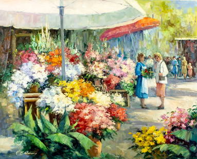 P Betrin (Europe,20C) oil painting: ARTIST: P Betrin (European, 20 century) TITLE: Flower Market Scene MEDIUM: oil on canvas CONDITION: Unstretched (In-House stretching available). Missing a few flakes of pain