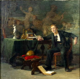 Antique 19C Danish oil painting signed: ARTIST: - (Denmark, 19 century) TITLE: The Poet MEDIUM: oil on canvas CONDITION: Few minor paint losses. Some craquelure. Some scattered small inpaintings. Minor damages t
