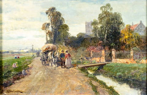 Karl Theodor Wagner (Austria,1856-1921) oil painting antique: ARTIST: Karl Theodor Wagner (Austrian, 1856 - 1921) TITLE: Village Scene MEDIUM: oil on canvas CONDITION: One scratch 1 1/2" long in lower left corner. No visible inpaint
