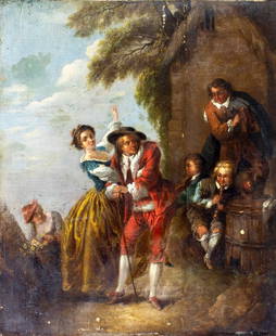 Antique 19C European oil painting: ARTIST: - (Europe, 19 century) TITLE: Dancing Couple MEDIUM: oil on board CONDITION: Some damages to edges and corners. One vertical crack. Some scratches/paint losses (se