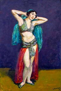 Louis Kronberg (NY,FL,MA,1872-1965) oil painting: ARTIST: Louis Kronberg (New York, Florida, Massachusetts, 1872 - 1965) TITLE: Oriental Dancer YEAR: 1953 MEDIUM: oil on canvas CONDITION: Very good. No visible inpaint under UV light. Some small