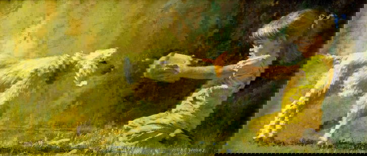 Robb Woods (US,20C) oil painting: ARTIST: Robb Woods (American, 20 century) TITLE: Supper Time (titled on verso) YEAR: 1991 MEDIUM: oil on canvas. Canvas applied to board. CONDITION: Very