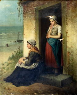 Jan Jac Damschroeder (Dutch,German,1825-1905) oil painting antique: ARTIST: Jan Jac Matthys Damschreuder (Netherlands, Germany, Denmark, 1825 - 1905) TITLE: Two Women Waiting on the Shore YEAR: 1880 MEDIUM: oil on canvas CONDITI
