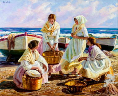 Jose Lull (Spain,1933-?) oil painting: ARTIST: Jose Lull (Spanish, 1933 - ???) TITLE: De Charla (titled on verso) YEAR: 1988 MEDIUM: oil on canvas CONDITION: Iindentation to canvas by the lower right corner. Some paint losses mostly