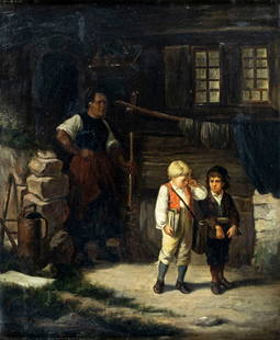 G Muler (German,19C) oil painting antique: ARTIST: G Muler (Germany, 19 century) TITLE: Boys after Scolding MEDIUM: oil on canvas CONDITION: Some craquelure. Some scattered minor inpaintings. Normal wear along edges. Some small damages to