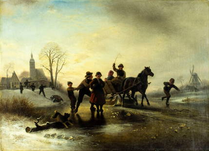 Wilhelm Meyerheim (German,1815-1882) oil painting antique: ARTIST: Wilhelm Alexander Meyerheim (Germany, 1815 - 1882) TITLE: Winter Village Scene MEDIUM: oil on canvas CONDITION: One patch-repaired tear with corresponding inpainti