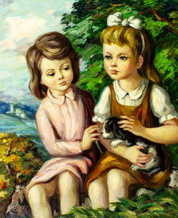 Jose Buigas (Spain,1927-?) oil painting: ARTIST: Jose Buigas (Spanish, 1927 - ???) TITLE: Two Girls with Puppy MEDIUM: oil on canvas CONDITION: Unstretched (In-House stretching available). Some small paint losses