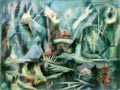Ruth Lewis (NY,1905-1963) oil painting: ARTIST: Ruth Cohen Lewis (New York, 1905 - 1963) TITLE: Pasqual Abaj Mountain, Guatemala (titled on stretcher) MEDIUM: oil on canvas CONDITION: Few nail holes to the left