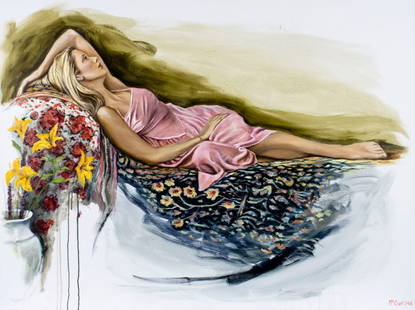 Harry McCormick (NY,NJ,1942-?) oil painting: ARTIST: Harry McCormick (New York, New Jersey, 1942 - ???) TITLE: Reclining Woman MEDIUM: oil on canvas CONDITION: Very good. No visible inpaint under UV light.