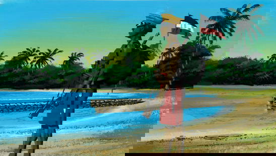 Dean Ellis (NY,1920-2009) gouache painting: ARTIST: Dean Ellis (New York, 1920 - 2009) TITLE: History of the Marshall Islands - Germany Acquires Islands as Protectorate (titled on verso) YEAR: 1996 MEDIUM: gouache on board CONDITION: Very