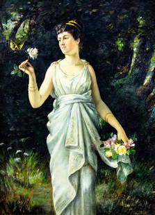 A Lumis (US,early 20C) oil painting antique: ARTIST: A Lumis (American, early 20 century) TITLE: Woman with Flowers MEDIUM: oil on canvas CONDITION: Few minor paint losses. No visible inpaint under UV light. Some damag