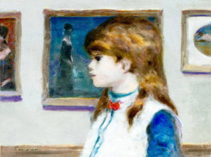Andre Gisson (French,NY,CT,1921-2003) oil painting: ARTIST: Andre Gittelson Gisson (New York, Connecticut, France, 1921 - 2003) TITLE: Girl in Museum MEDIUM: oil on canvas CONDITION: Relined. Minor craquelure. Few small inp