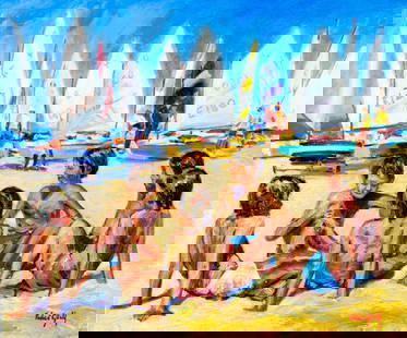 F Guey (Europe,20C) oil painting: ARTIST: F Guey (European, 20 century) TITLE: Beach Scene MEDIUM: oil on canvas CONDITION: Unstretched (In-House stretching available). Overall good. No visible inpaint under