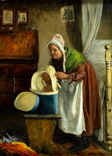 William Weekes (UK,c.1842-c.1909) oil painting antique: ARTIST: Herbert William Weekes (United Kingdom, c.1842 - c.1909) TITLE: A New Bonnet YEAR: 1869 MEDIUM: oil on board CONDITION: Minor paint losses most