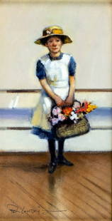 Paul Landry (CT,Canada,1931-2018) gouache painting: ARTIST: Paul A Landry (Connecticut, Canadian, 1931 - 2018) TITLE: Flower Girl MEDIUM: gouache on paper CONDITION: Very good. Framed under glass. Wear to frame. ART SIZE: 5 x 3 inches / 12 x 7 cm
