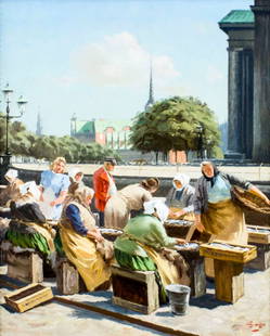 Soren Bjulf (Danish,Dutch,1890-1958) oil painting: ARTIST: Soren Christian Bjulf (Denmark, Netherlands, 1890 - 1958) NAME: Fish Market Scene MEDIUM: oil on canvas CONDITION: Overall good. Minor craquelure. No visible inpaint under UV light.<