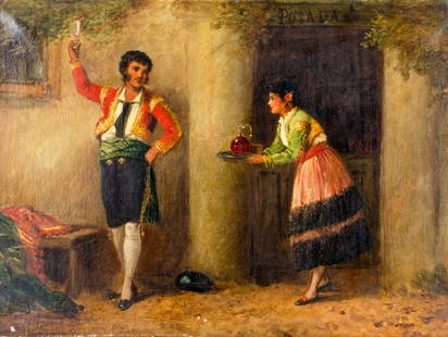 Phillips (Europe,19C) oil painting antique: ARTIST: Phillips (European, 19 century) TITLE: Spanish Outdoor Scene MEDIUM: oil on canvas CONDITION: Some small paint losses mostly along edges. Some craquelure. Some small damages to upper corners.